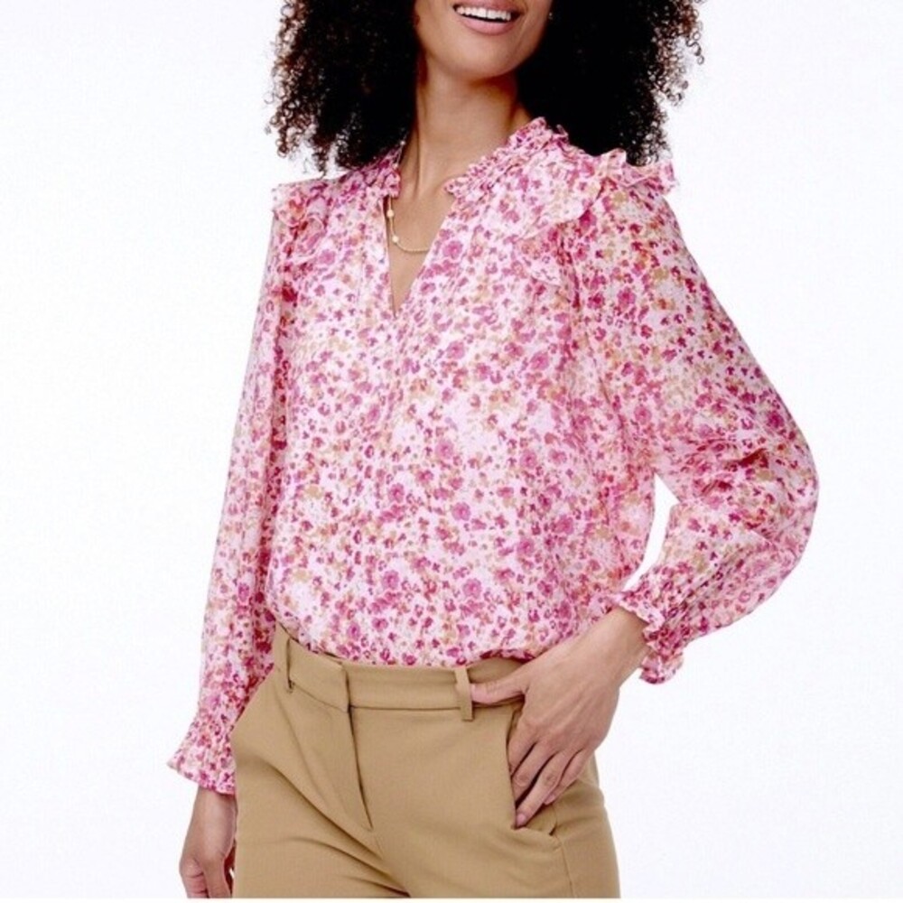 J. Crew Ruffle Collar Top Women Floral Print Long Sleeve Elastic Cuffs Size XS
